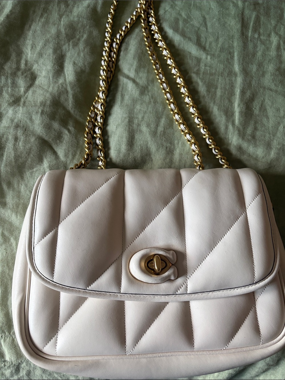 Coach Cream Quilted Shoulder Bag with Gold Chain